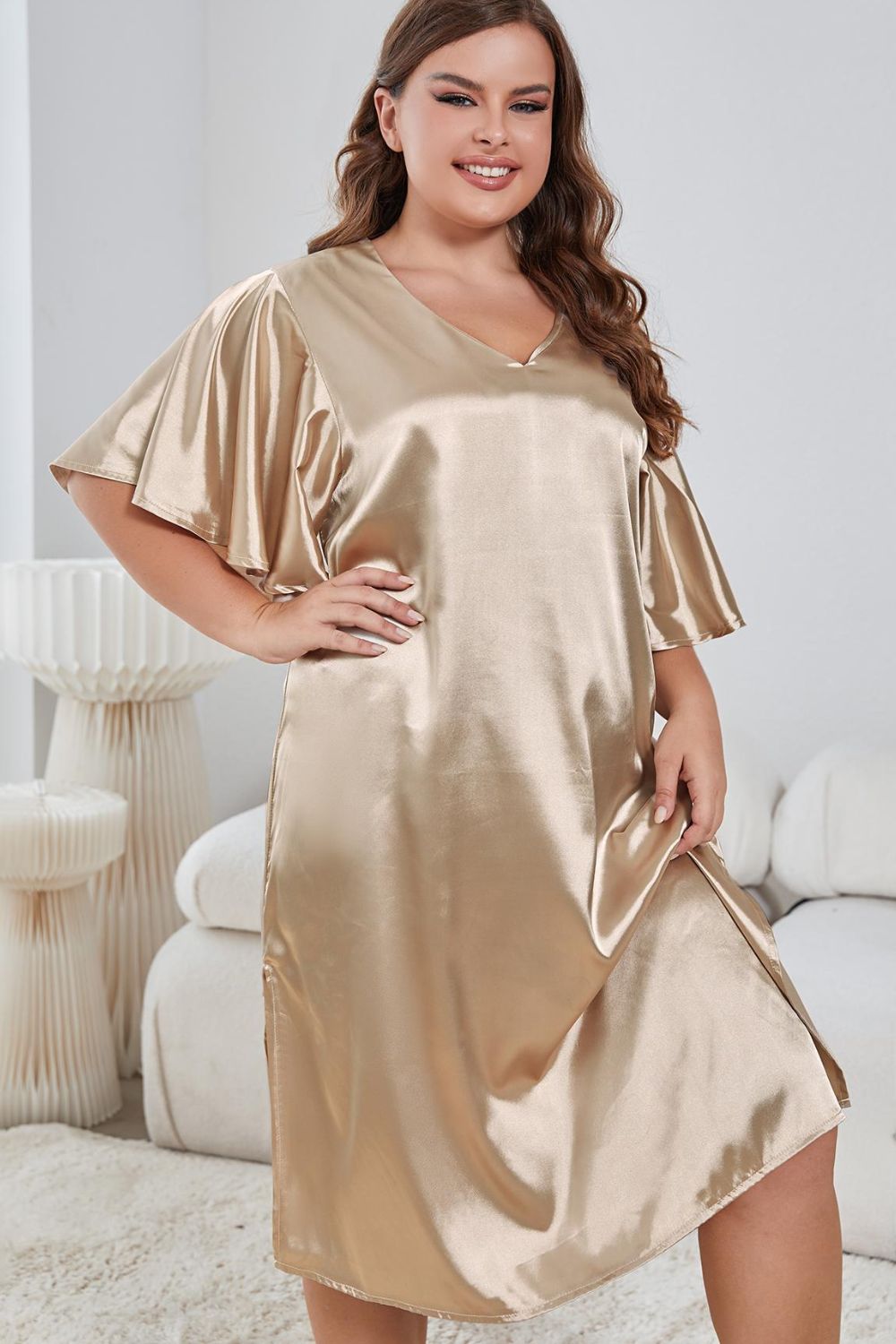 Emmie Size Inclusive  Flutter Sleeve V-Neck Side Slit Night Gown - ThingsWeUseAndLove 
