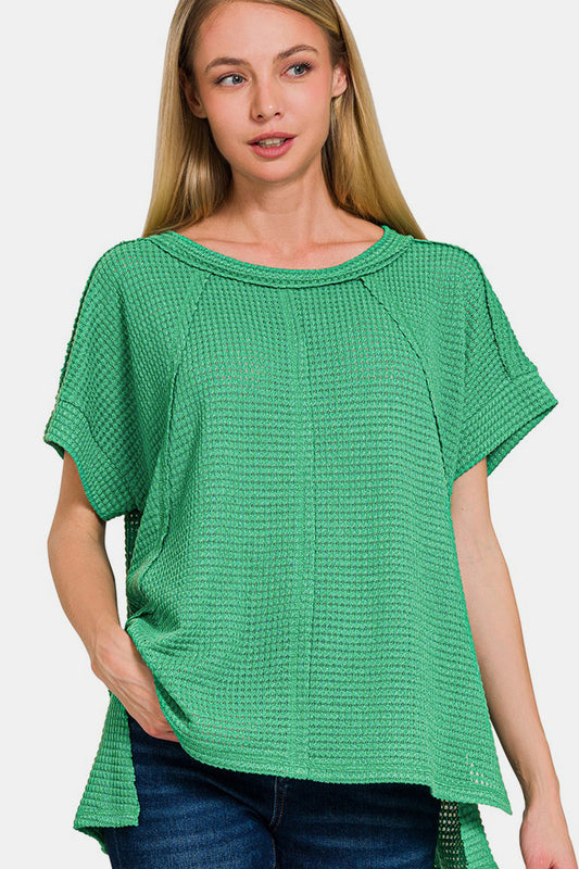 Zenana Waffle Exposed-Seam Short Sleeve T-Shirt - ThingsWeUseAndLove K-Green-L-XL