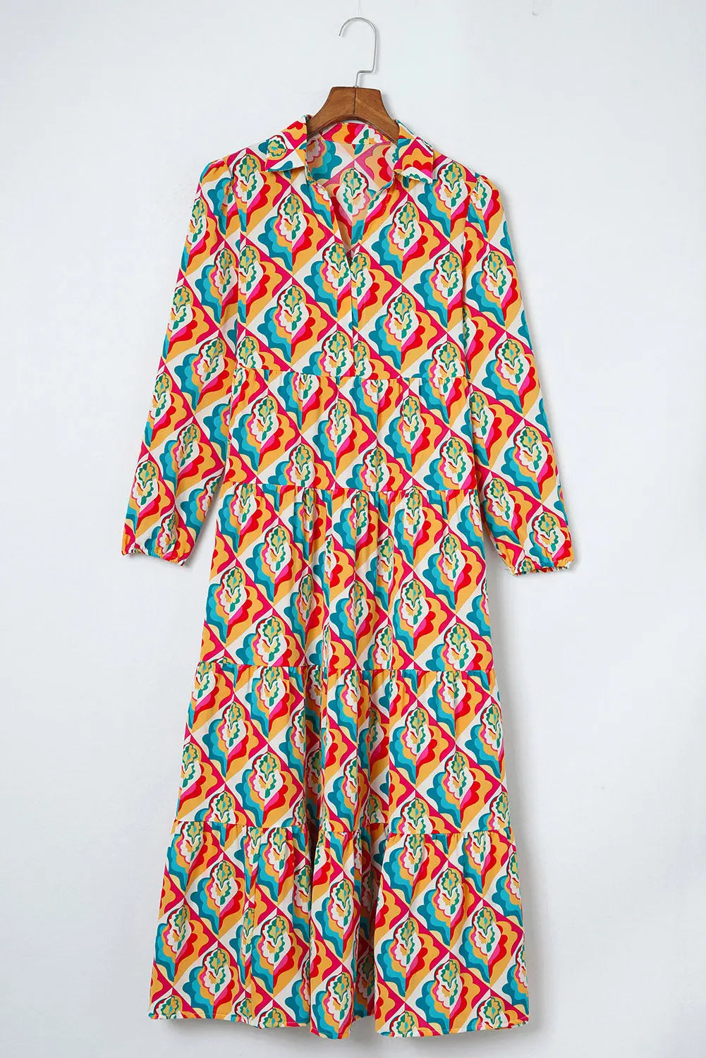 Notch Neck Tiered Multicolor Abstract Geometric Print Boho Dress - ThingsWeUseAndLove 