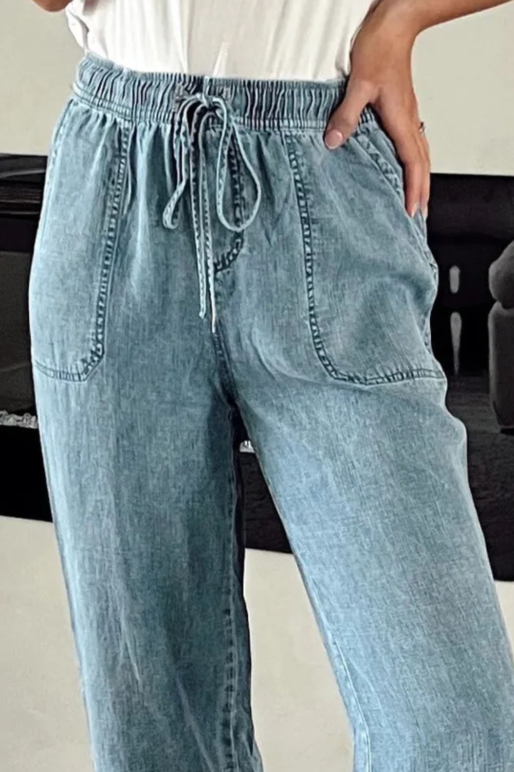 Drawstring High Waist Jeans with Pockets - ThingsWeUseAndLove 