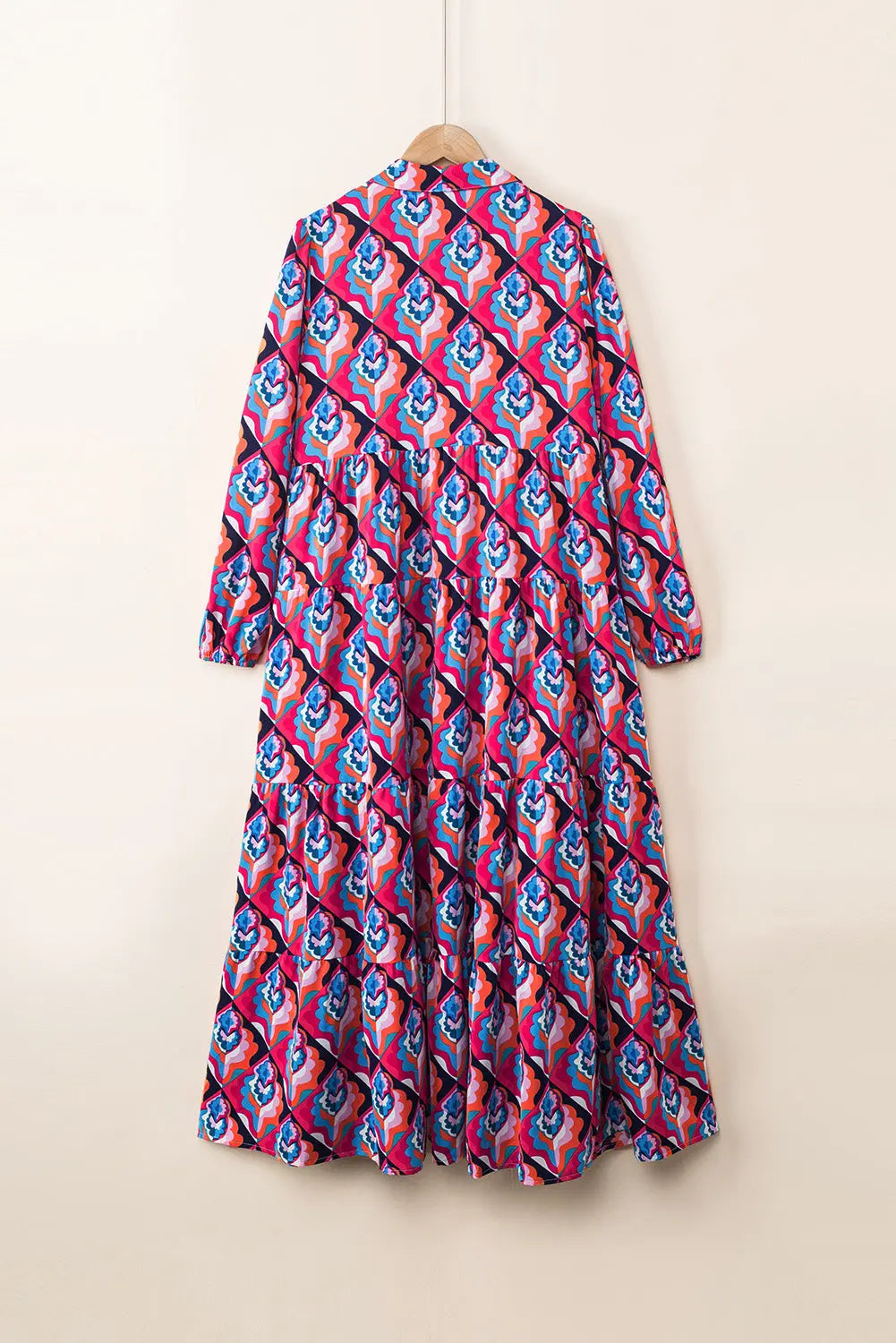 Notch Neck Tiered Multicolor Abstract Geometric Print Boho Dress - ThingsWeUseAndLove 