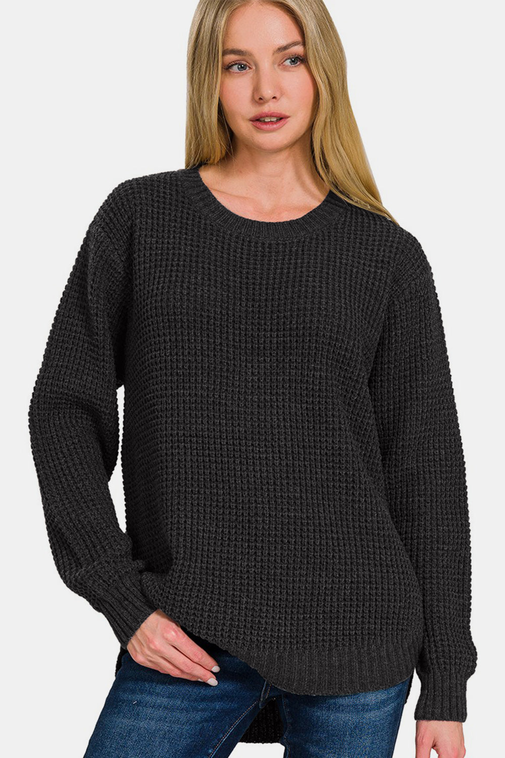 High Low Long Sleeve Waffle Sweater - ThingsWeUseAndLove 