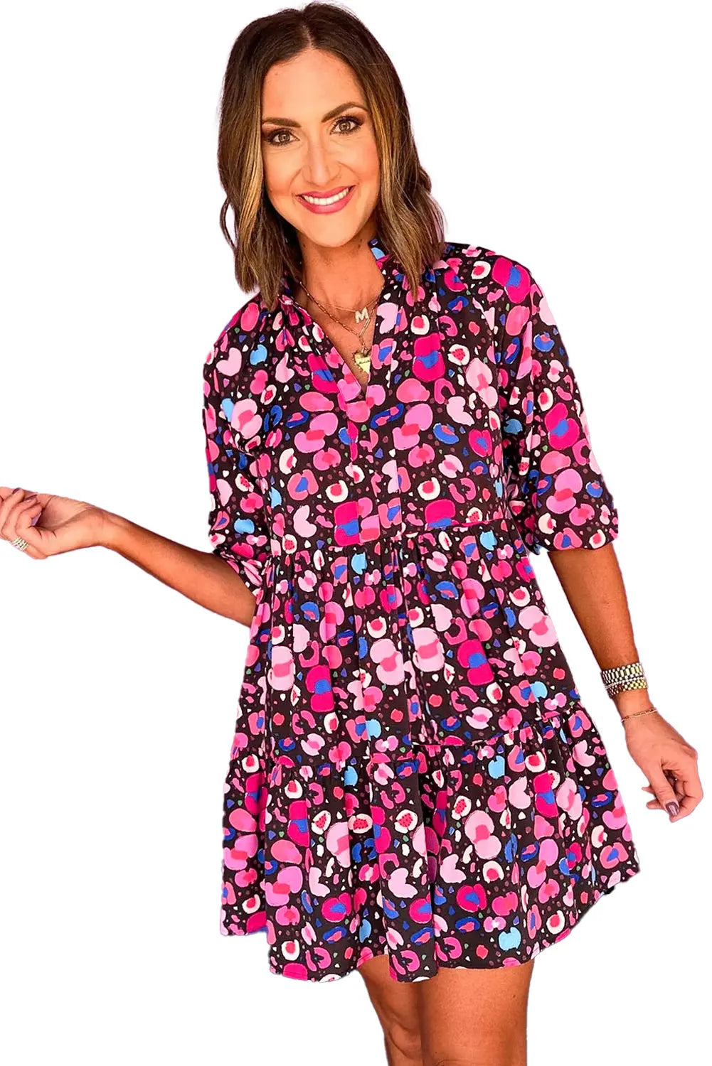 Rose Abstract Print V Neck Collared Half Sleeve Short Dress - ThingsWeUseAndLove 