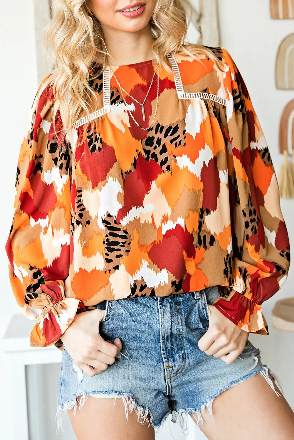 Boho Frill Multicolor Abstract Print Long Sleeve Blouse - ThingsWeUseAndLove 
