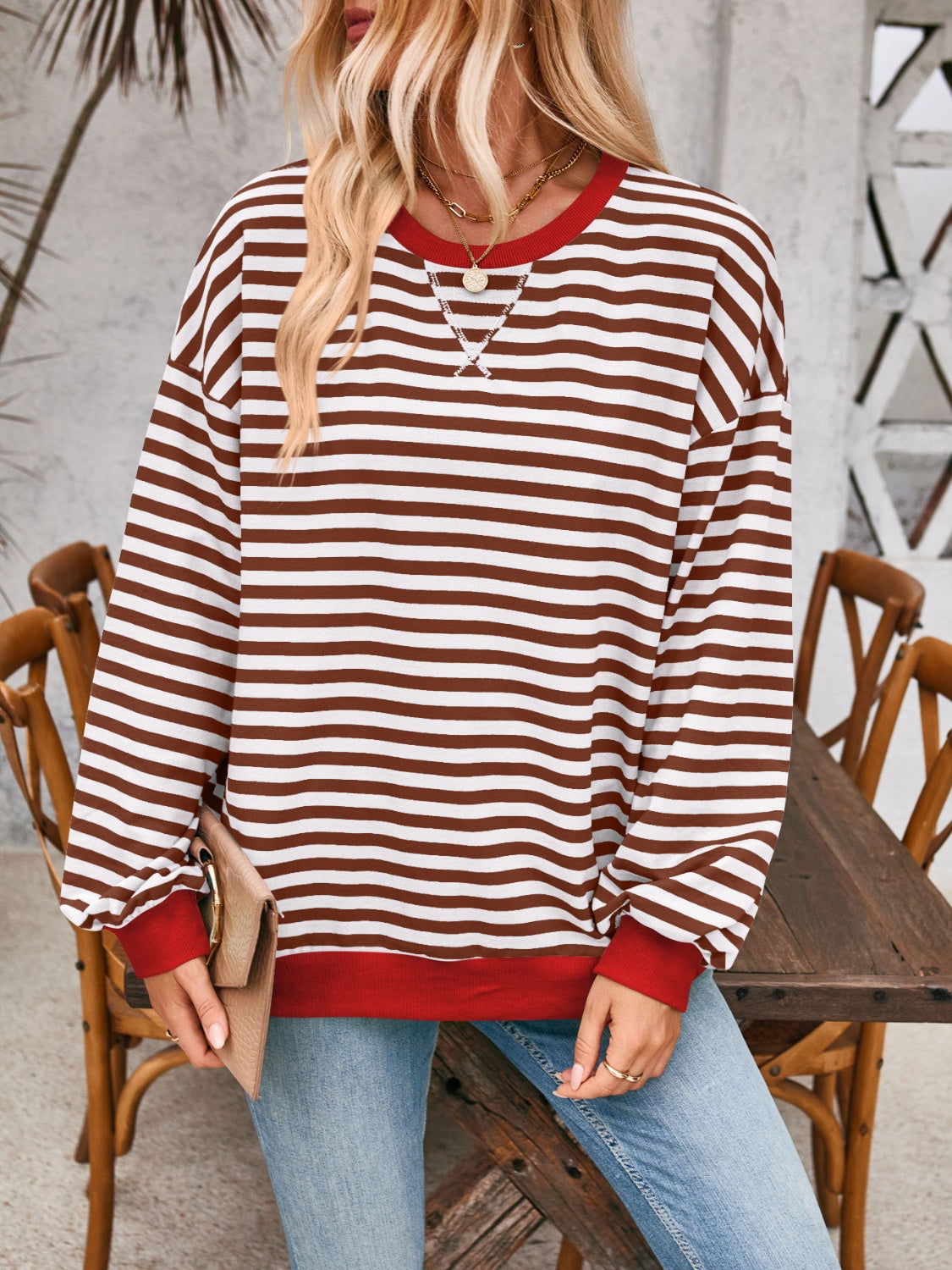 Aviana Contrast Striped Long Sleeve Sweatshirt - ThingsWeUseAndLove Dark-Brown-XL