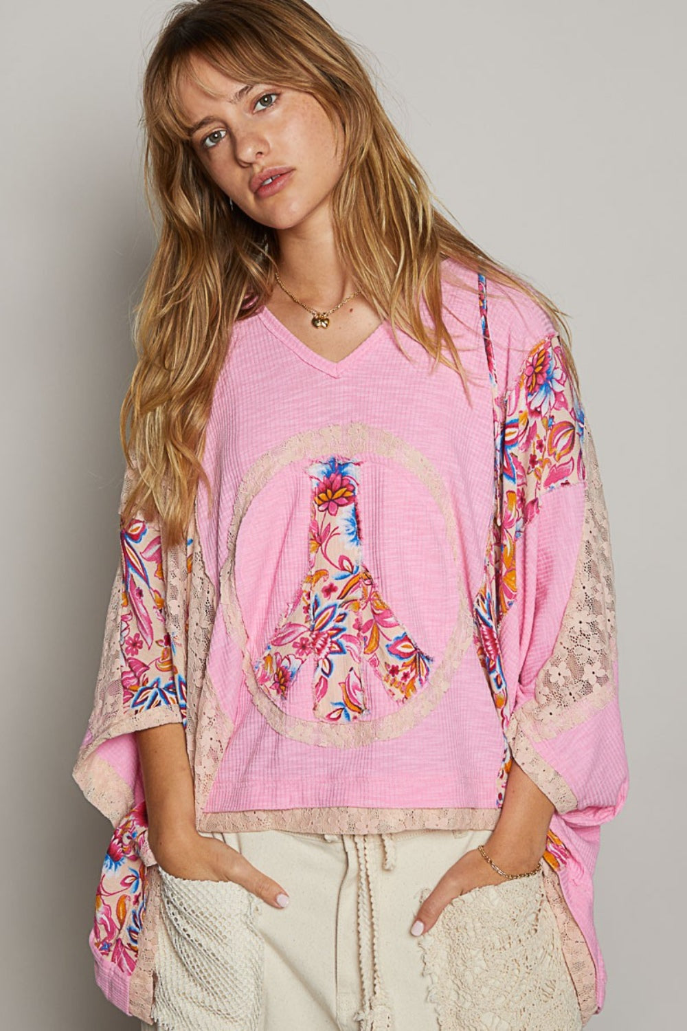 POL V-Neck Floral Print Peace Patch Lace Hooded Top - ThingsWeUseAndLove Pink-Blush-L