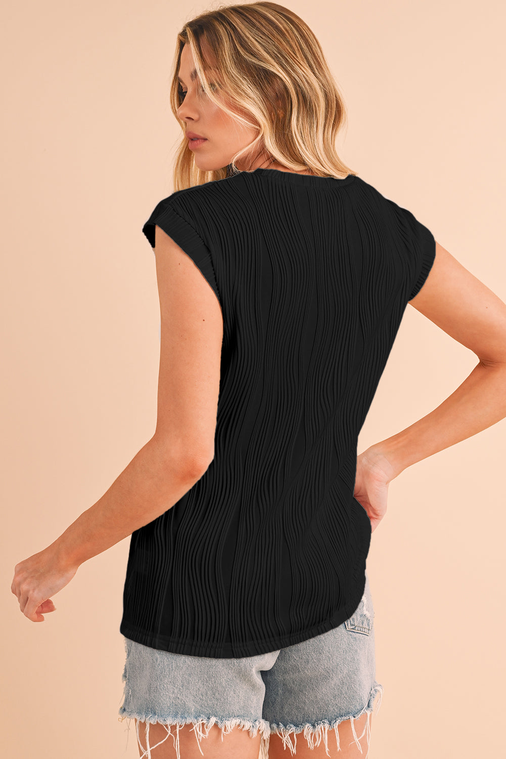 Wavy Textured Cap Sleeve Top - ThingsWeUseAndLove 