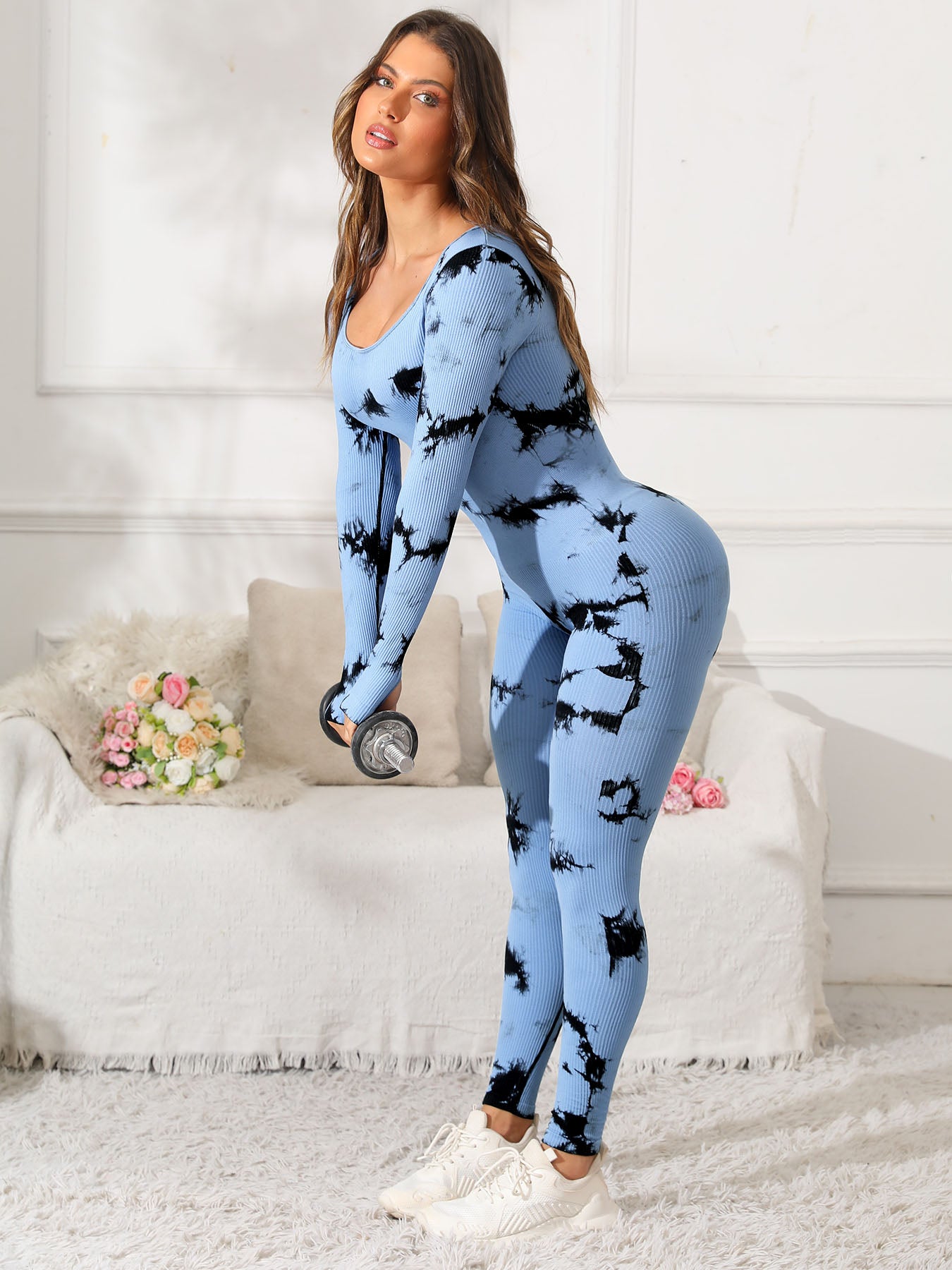 Fit & Fabulous Tie Dye Scoop Neck Long Sleeve Active Jumpsuit - ThingsWeUseAndLove Light-Blue-L