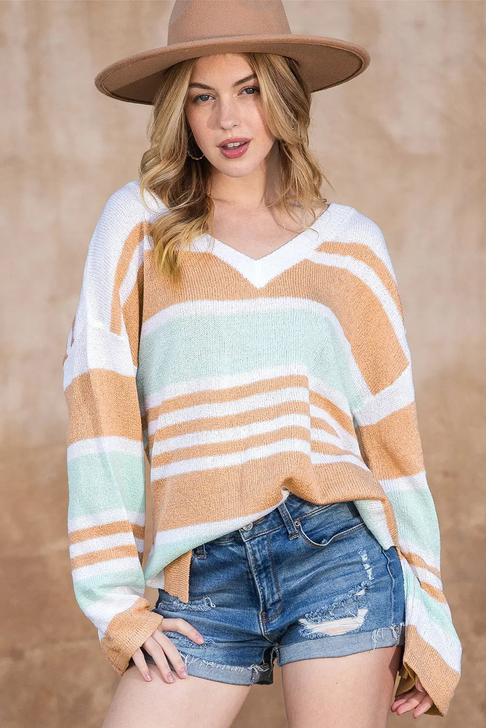 Multicolor Colorblock Stripe V Neck Split Sweater - ThingsWeUseAndLove 