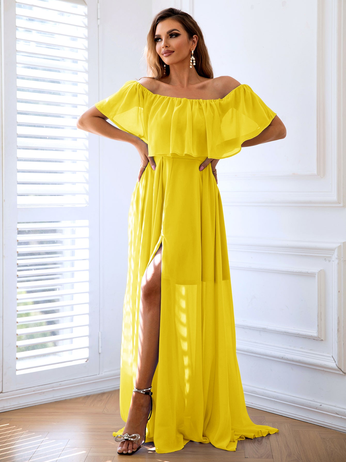 Off-Shoulder Layered Split Maxi Dress - ThingsWeUseAndLove Yellow-XL