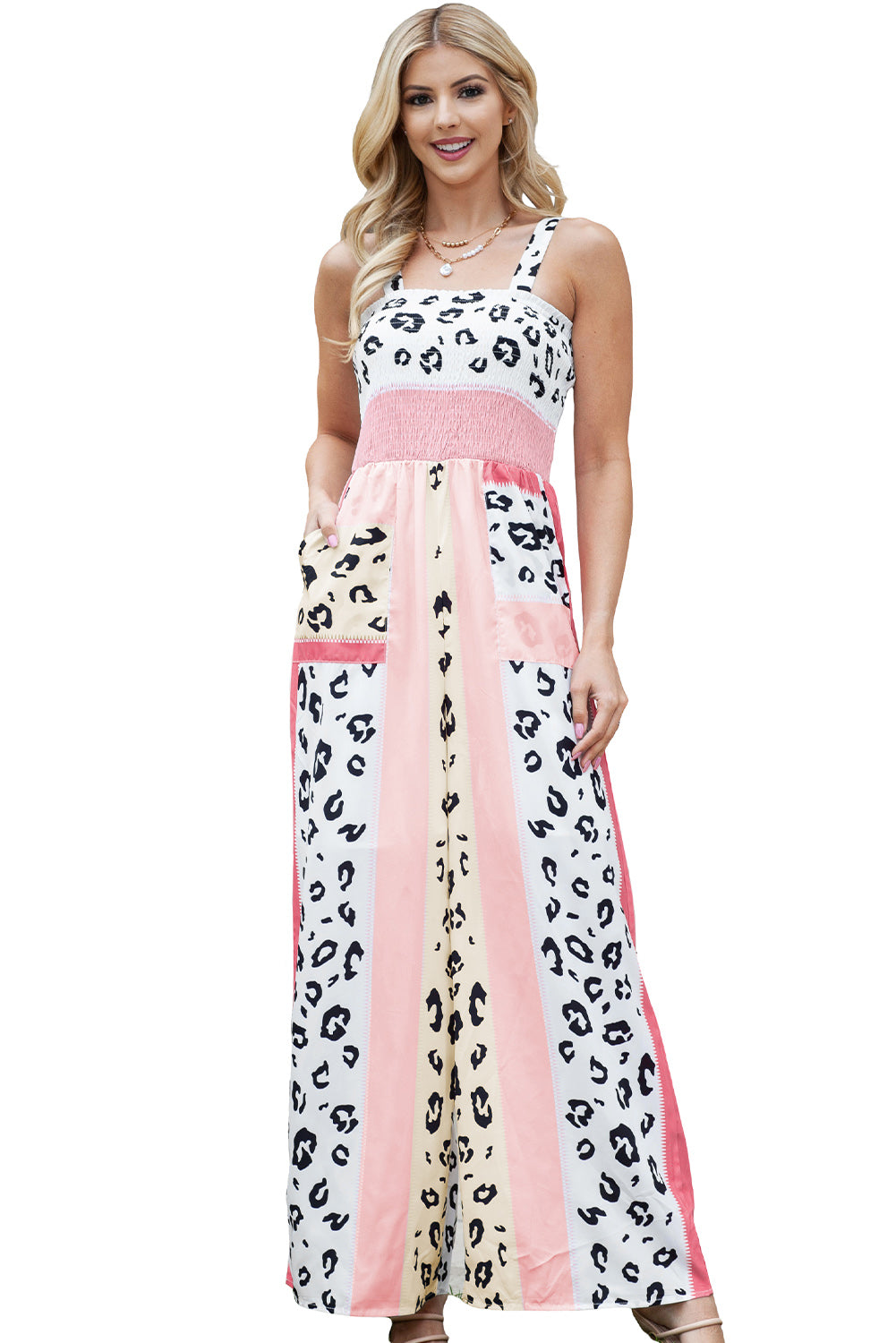 Pink Leopard Color Block Patchwork Strap Jumpsuit - ThingsWeUseAndLove 