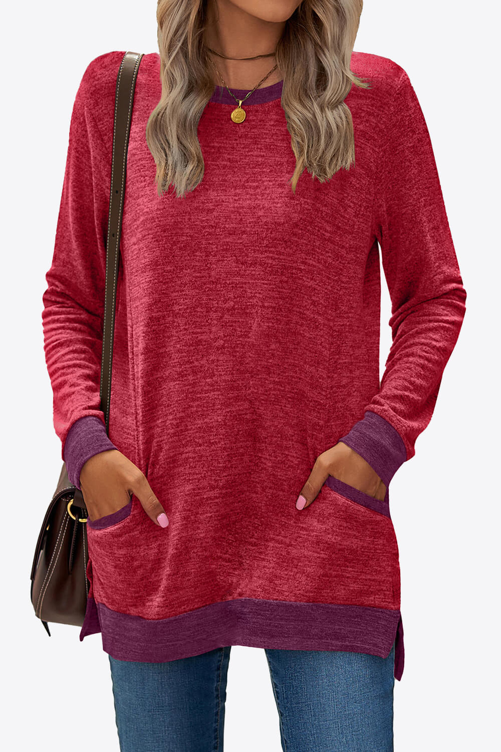 Heathered Slit Top with Pockets - ThingsWeUseAndLove Red-2XL