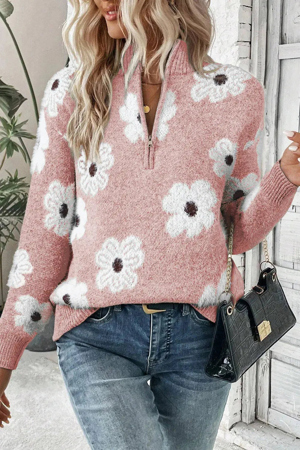 Long Sleeve Half Zip Flower  Sweater - ThingsWeUseAndLove Blush-Pink-2XL