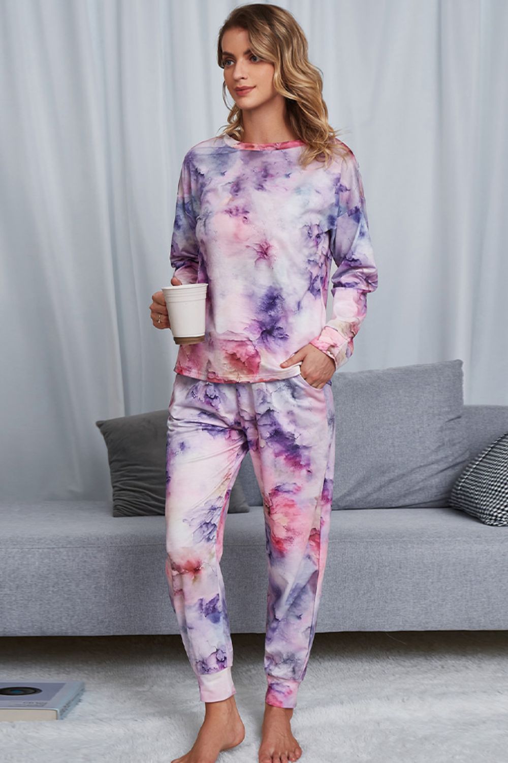Tie-Dye Crewneck Top and Drawstring Waist Joggers Lounge Set - ThingsWeUseAndLove 