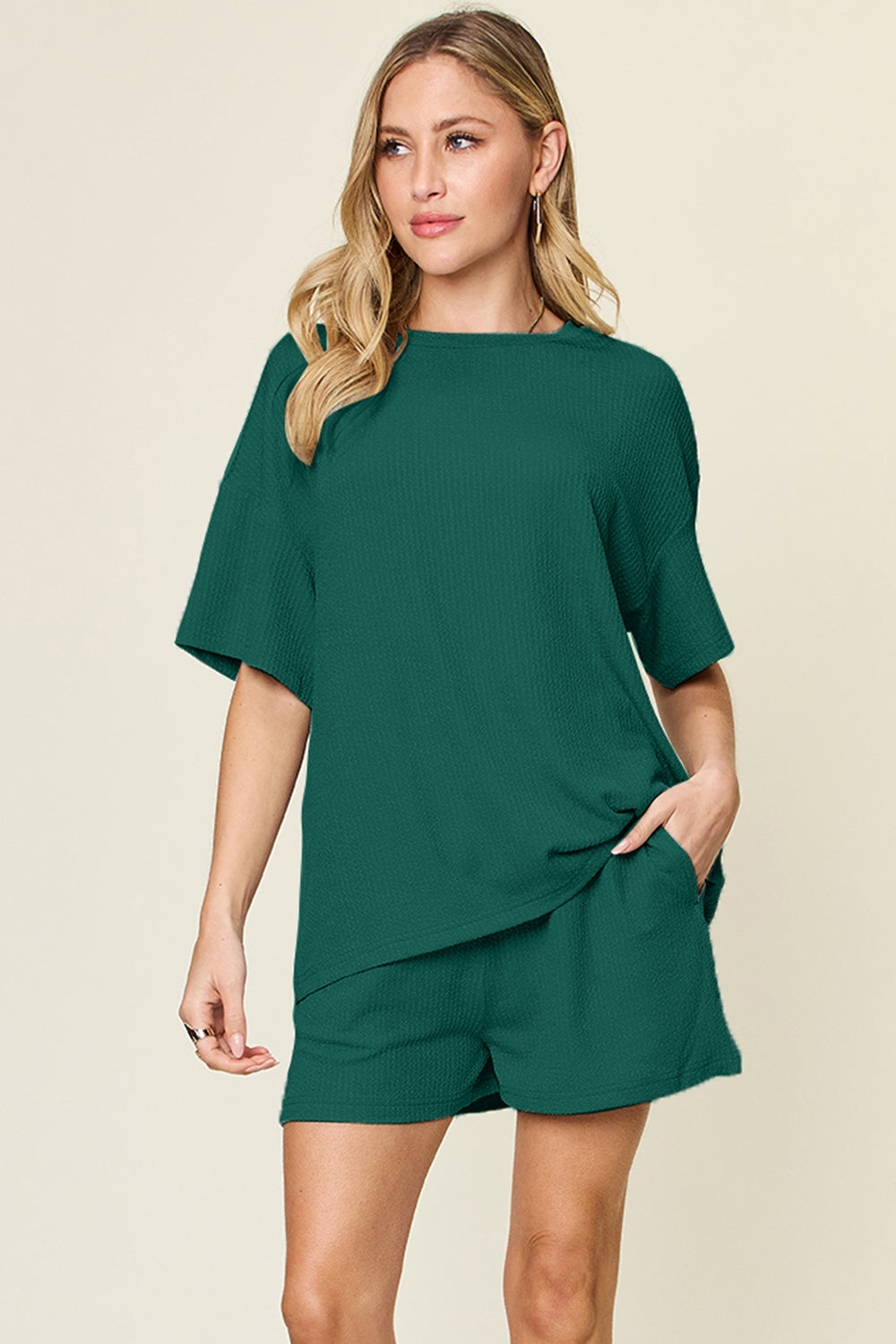 Double Take Full Size Round Neck Short Sleeve T-Shirt and Shorts Set - ThingsWeUseAndLove Deep-Teal-3XL