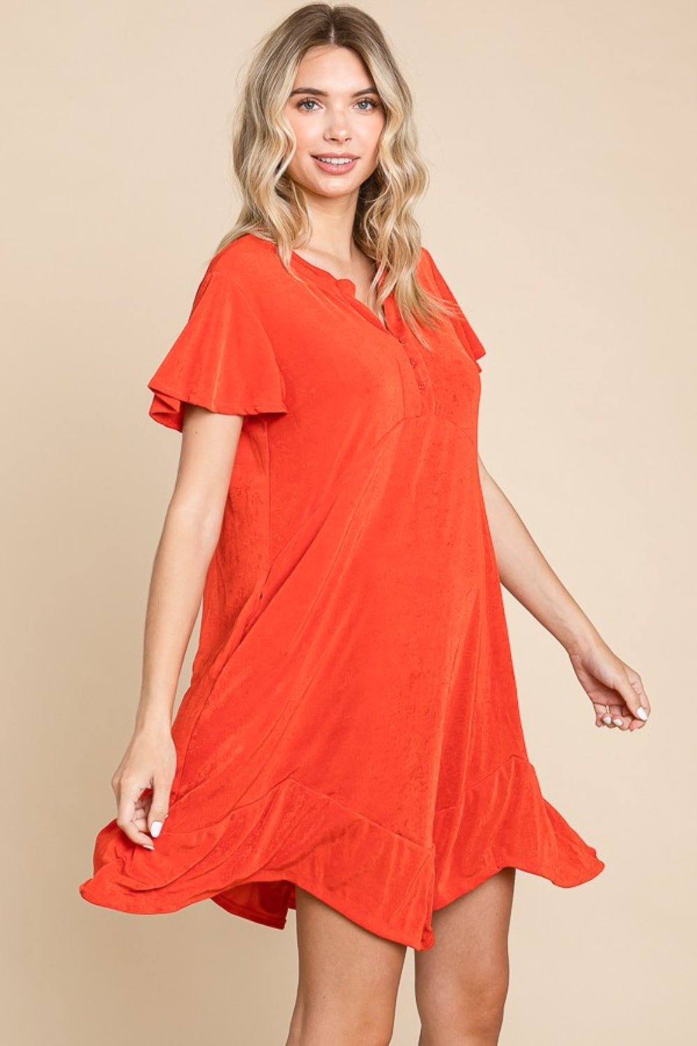 Simple Elegant Scarlet Short Sleeve Ruffled Asymmetric Hem Dress - ThingsWeUseAndLove 