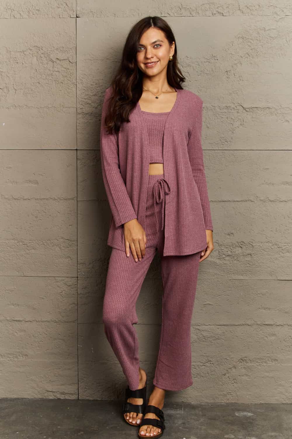 Gracie Size Inclusive Cropped Top, Long Pants and Cardigan Lounge Set - ThingsWeUseAndLove Pink-Purple-3X