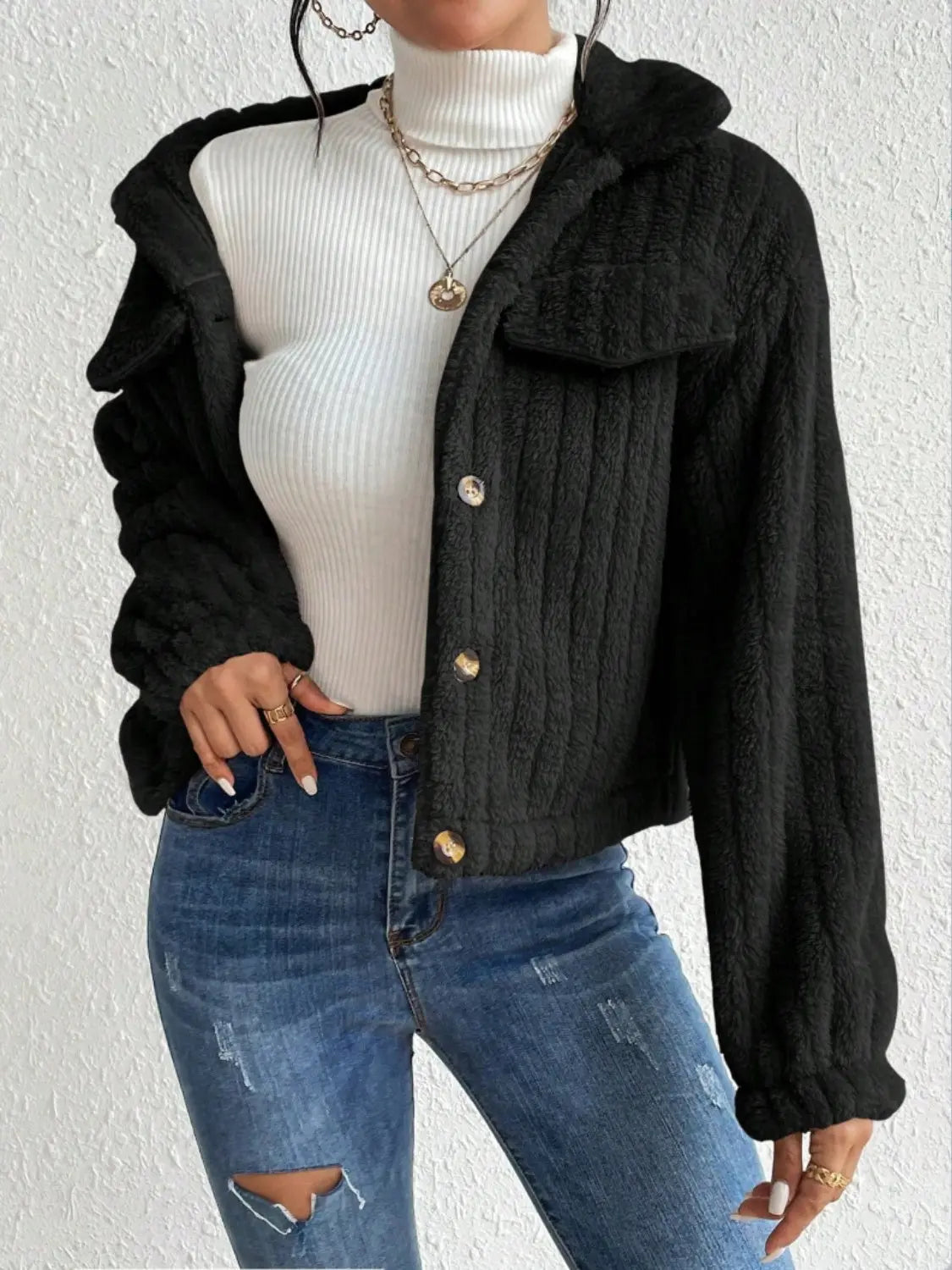 Lippy Fuzzy Button Up Collared Neck Jacket - ThingsWeUseAndLove 