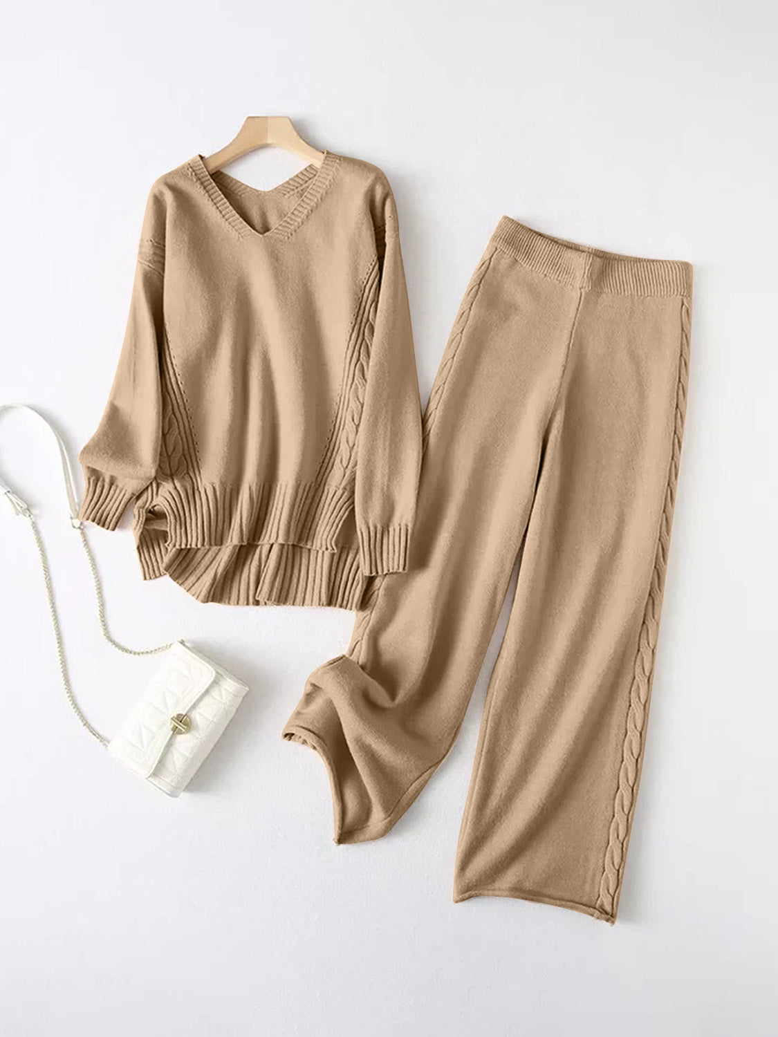 V-Neck Long Sleeve Top and Pants Sweater Set