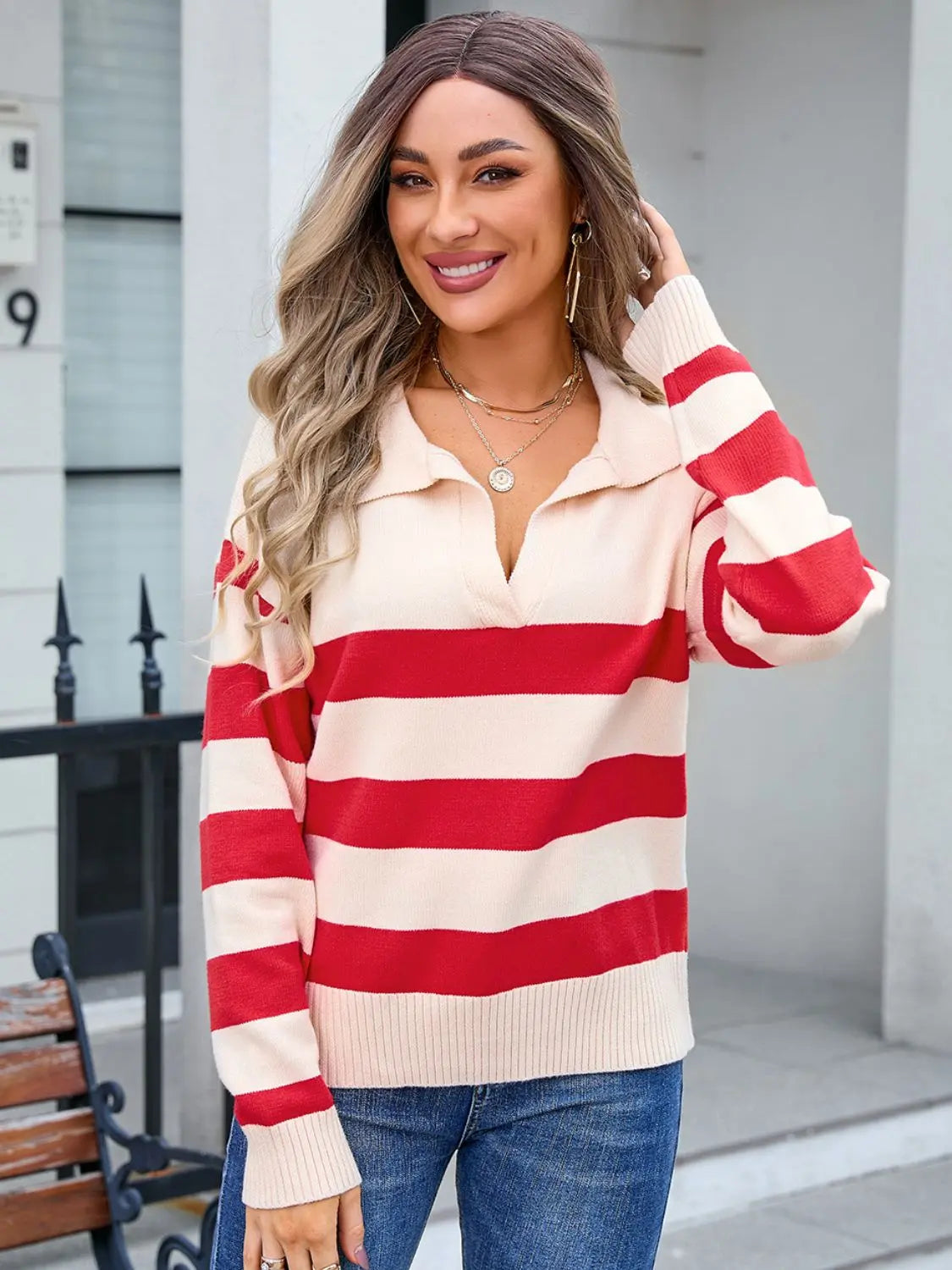 Johnny Collar Striped Knit Top - ThingsWeUseAndLove Deep-Red-XL