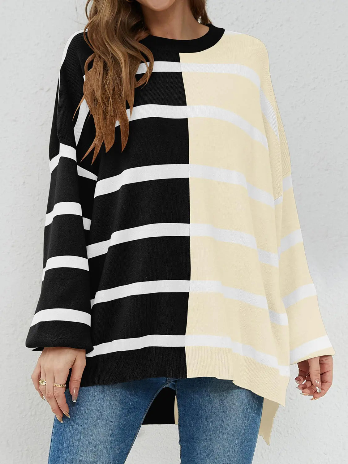 Long Sleeve Striped Round Neck Sweater - ThingsWeUseAndLove Black-2XL