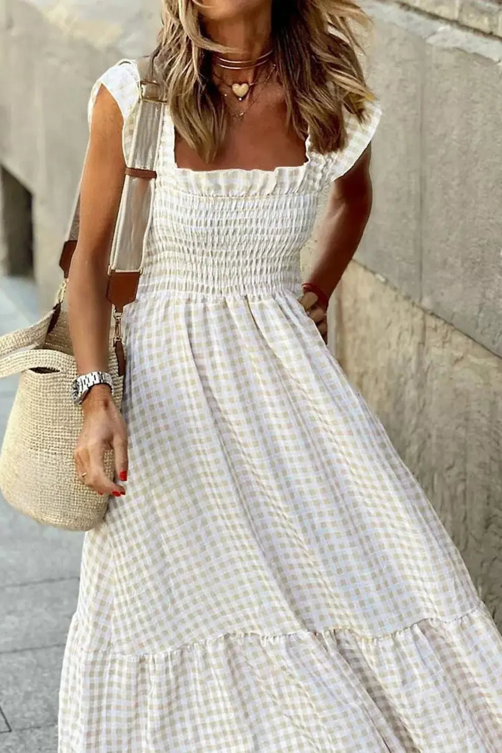 Khaki Plaid Ruffled Sleeveless Smocked Maxi Dress - ThingsWeUseAndLove 