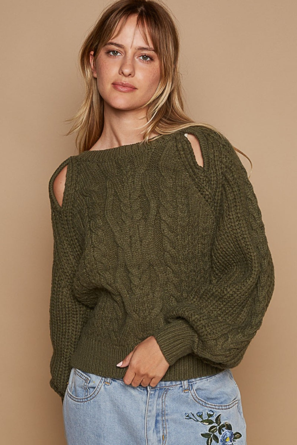 Cable Knit Cutout Long Sleeve Sweater - ThingsWeUseAndLove Dried-Olive-L