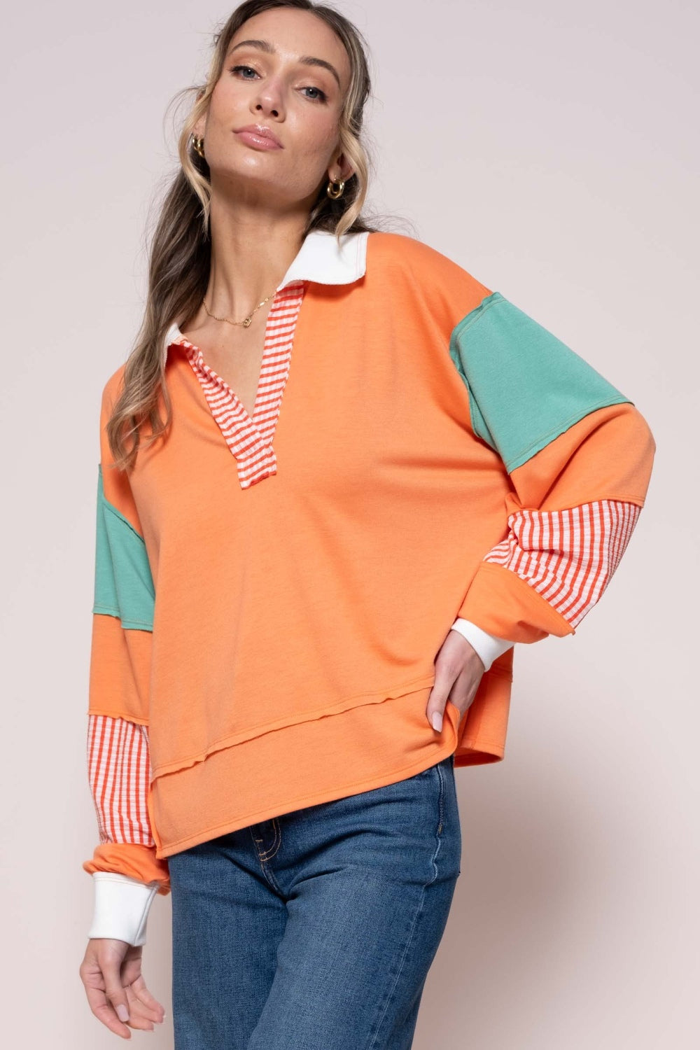 Hailey & Co Color Block Top with Striped Panel - ThingsWeUseAndLove Coral-L