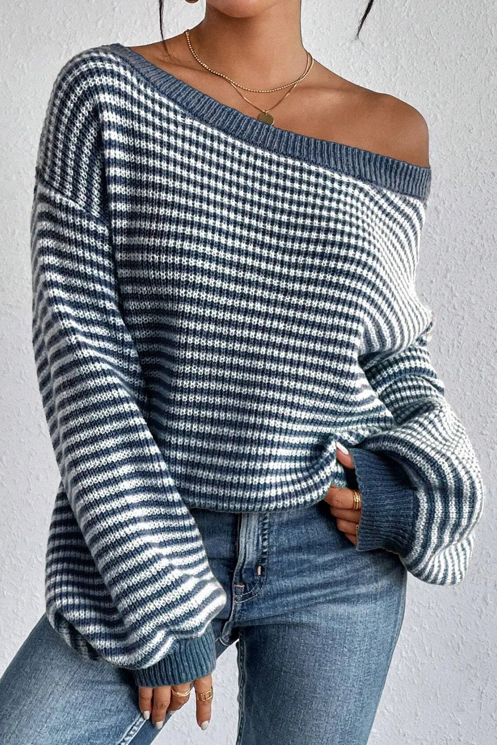 Sail Blue Striped Drop Shoulder Lantern Sleeve Sweater - ThingsWeUseAndLove Sail-Blue-XL