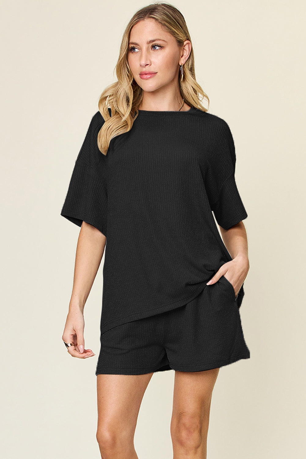 Double Take Full Size Round Neck Short Sleeve T-Shirt and Shorts Set - ThingsWeUseAndLove Black-3XL