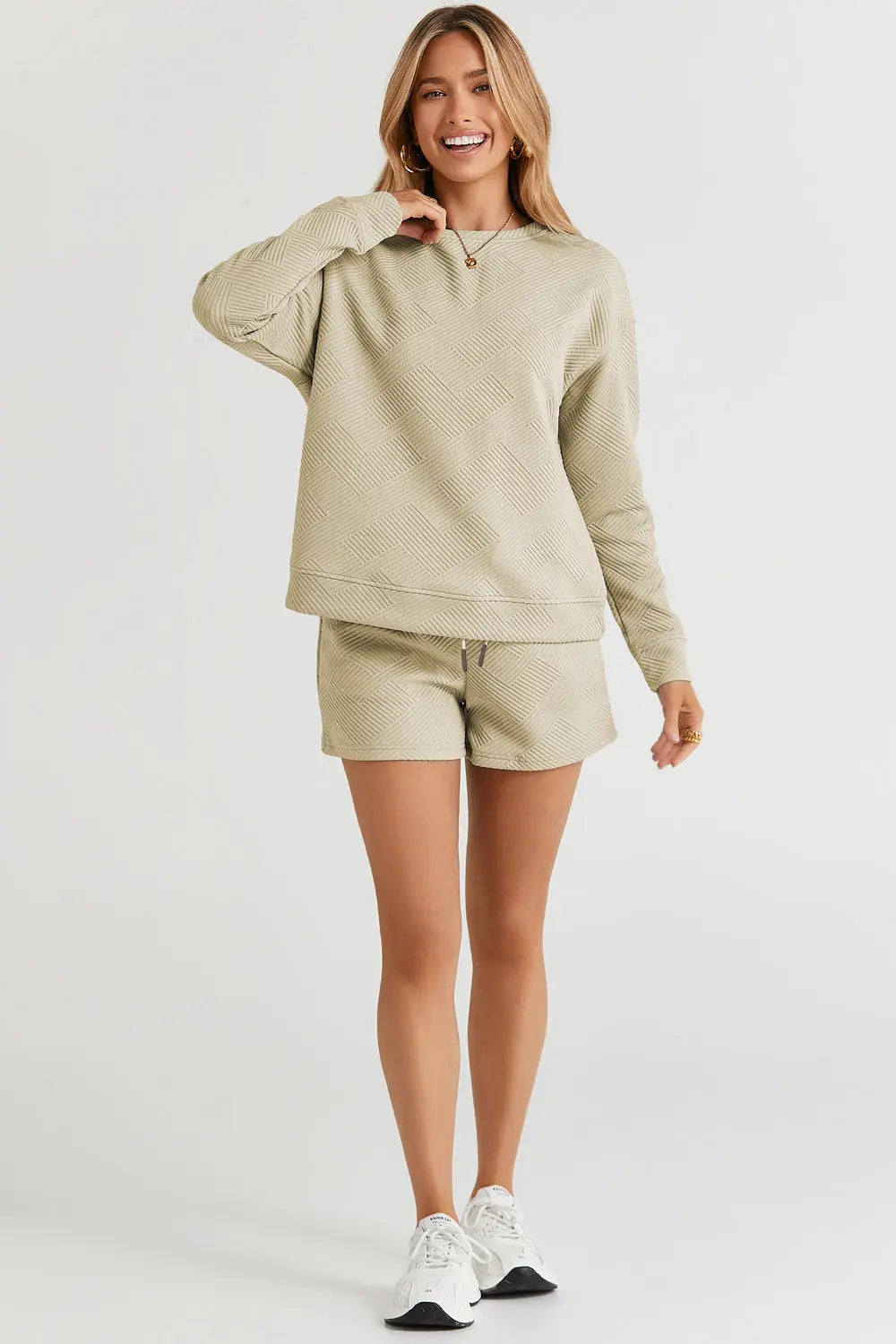 Jaylene Size Inclusive Texture Long Sleeve Top and Drawstring Shorts Set - ThingsWeUseAndLove 