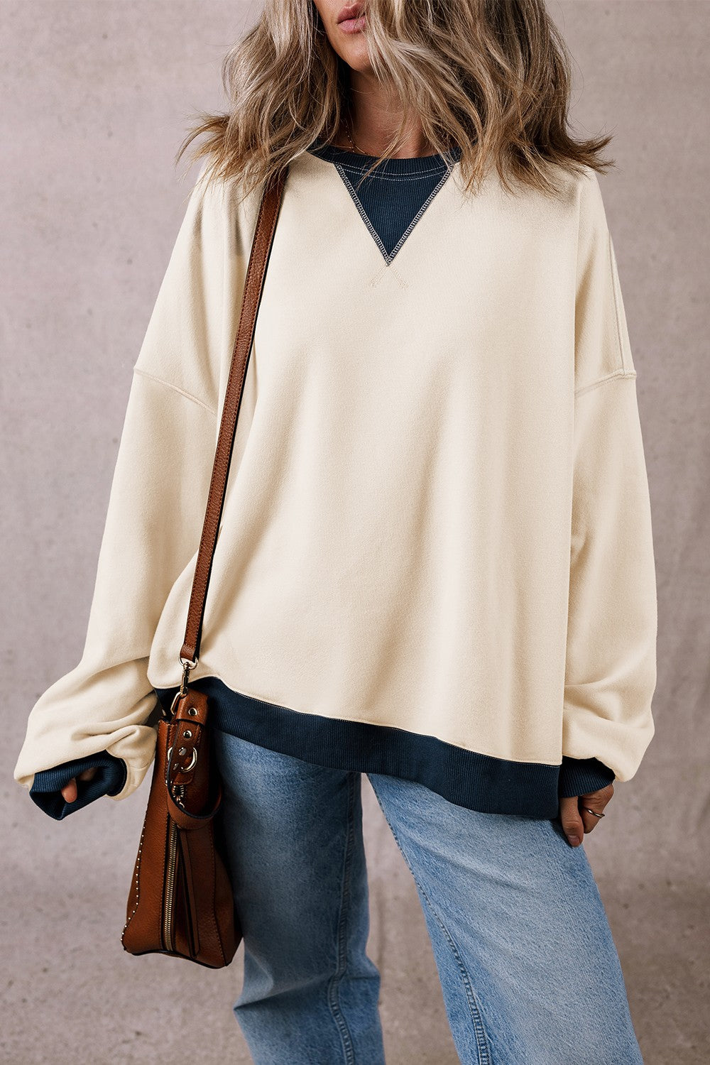 Alena Contrast Round Neck Long Sleeve Sweatshirt - ThingsWeUseAndLove 