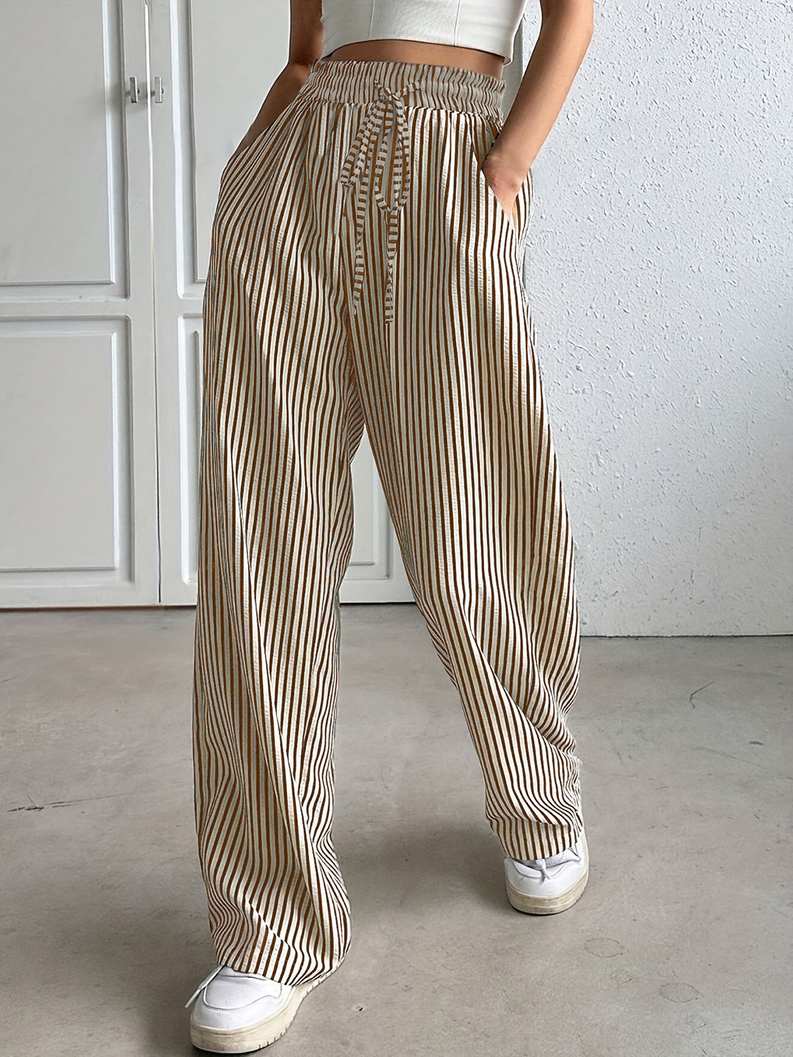 Black and White Drawstring Elastic Waist Pants - ThingsWeUseAndLove Tan-XL