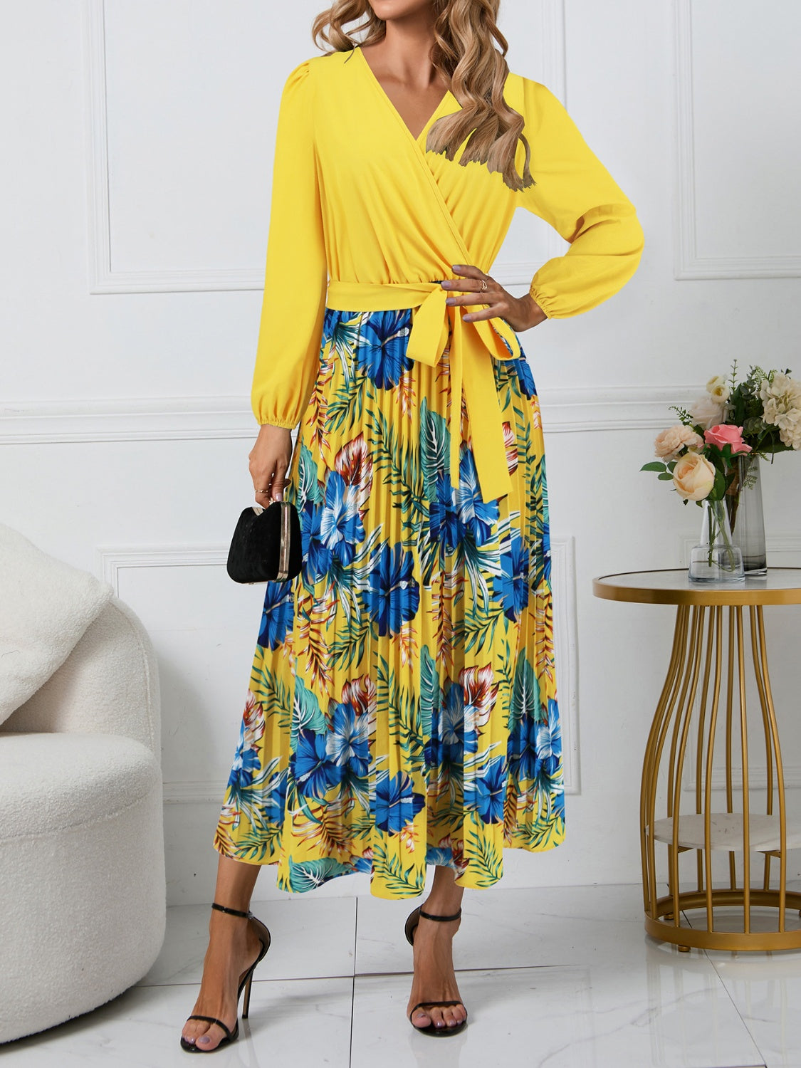 Rilla Pleated Printed Surplice Long Sleeve Dress - ThingsWeUseAndLove Yellow-2XL