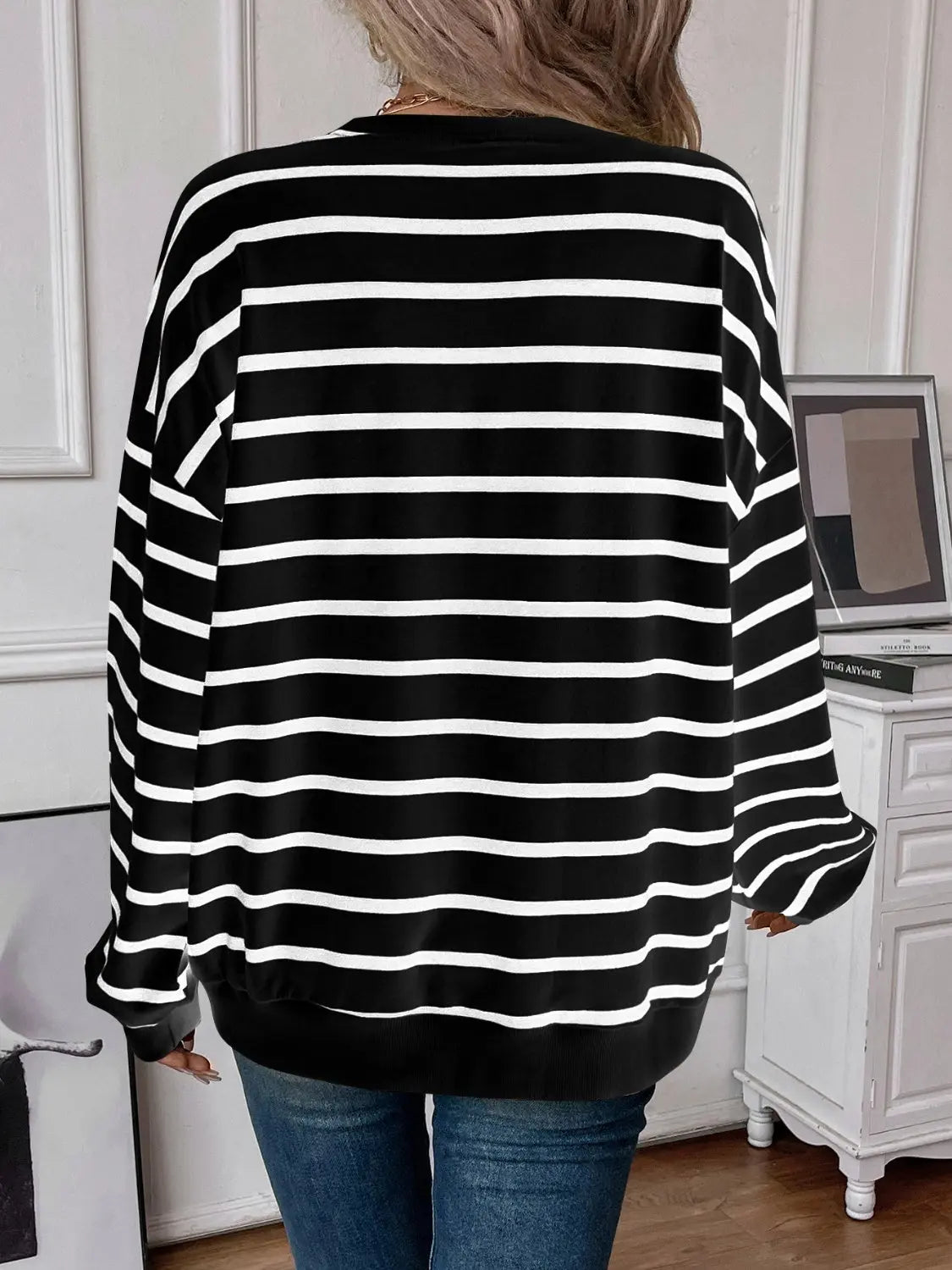 Leslie Striped Round Neck Long Sleeve Sweatshirt - ThingsWeUseAndLove 