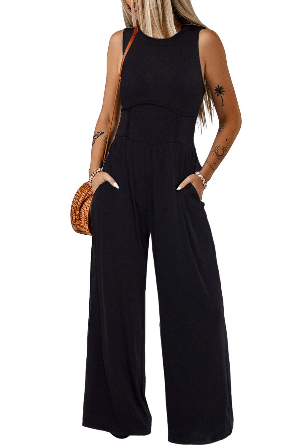 Blackish Green Sleeveless High Waist Wide Leg Jumpsuit - ThingsWeUseAndLove 