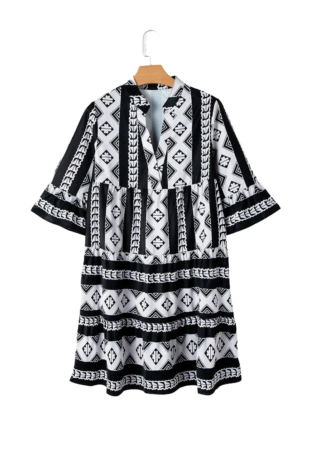 Black Abstract Print Bell Sleeve V Neck Boho Dress - ThingsWeUseAndLove 