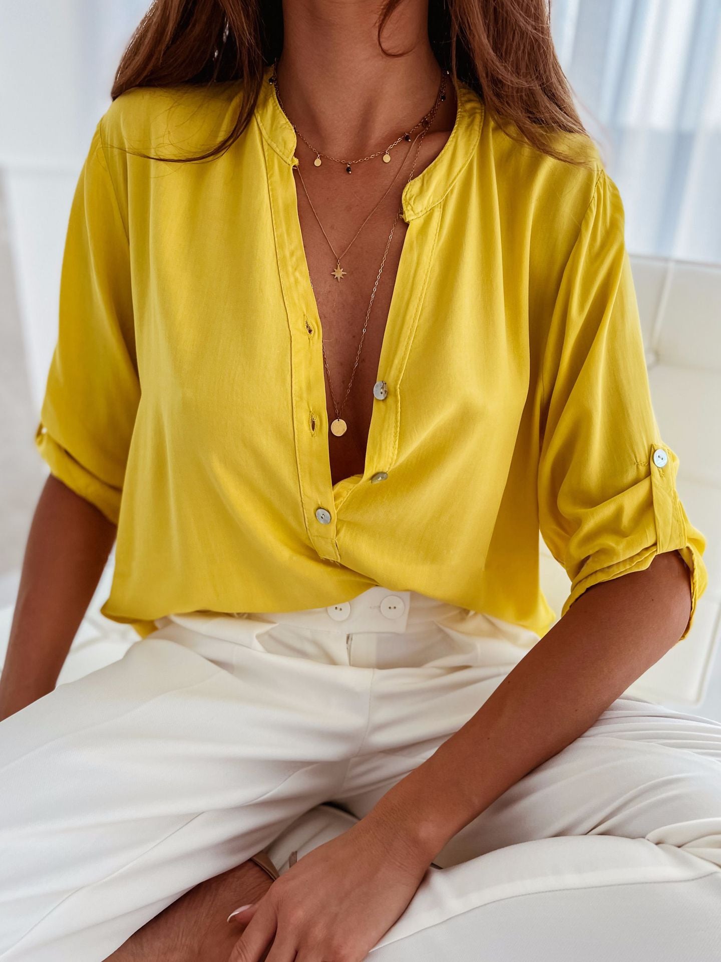 Half Button Notched Half Sleeve Blouse - ThingsWeUseAndLove Yellow-2XL