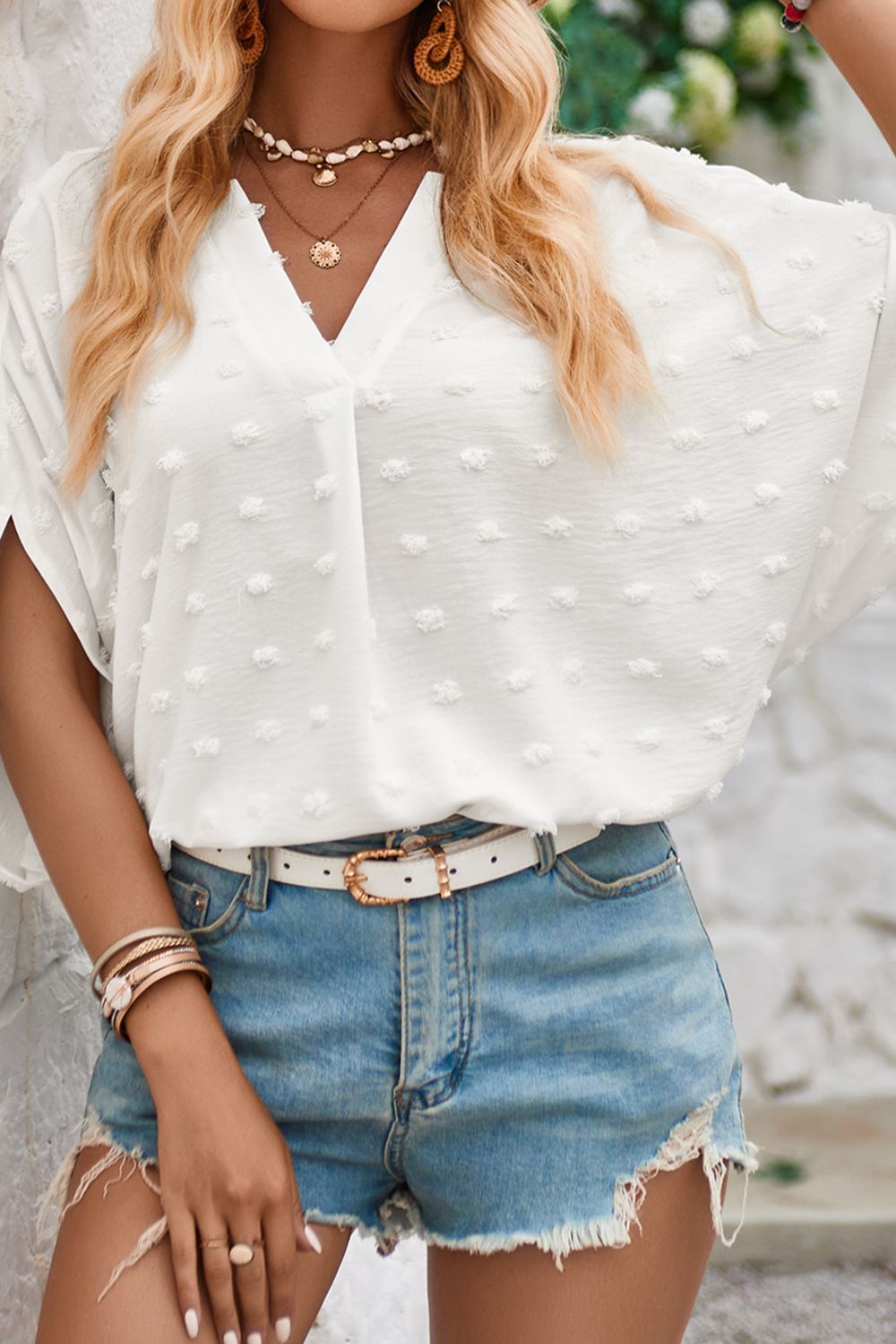 Swiss Dot Notched Half Sleeve Blouse - ThingsWeUseAndLove White-XL