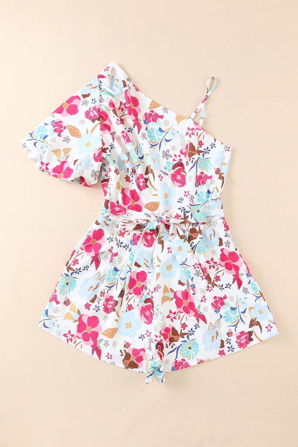 Floral Single Bubble Sleeve Slant Shoulder Belted Romper - ThingsWeUseAndLove 