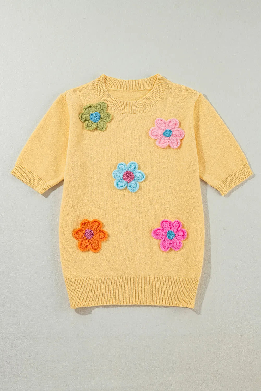 Flower Power Short Sleeve Sweater - ThingsWeUseAndLove Pastel-Yellow-XL