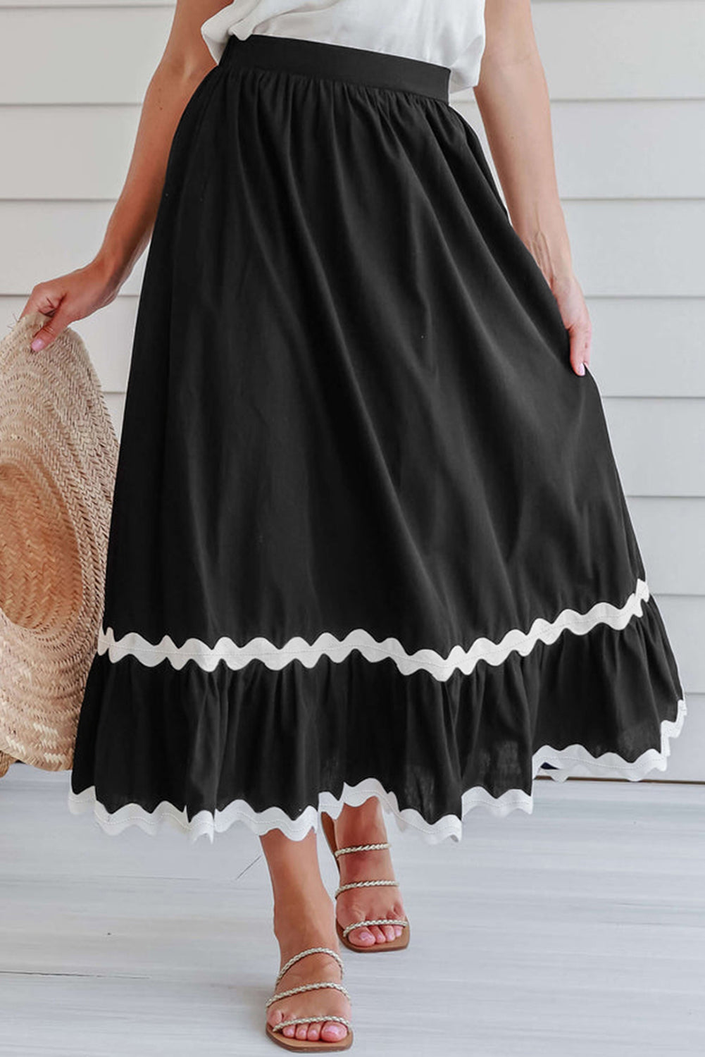 Molly  Elastic Waist Contrast Trim Skirt - ThingsWeUseAndLove Black-XL