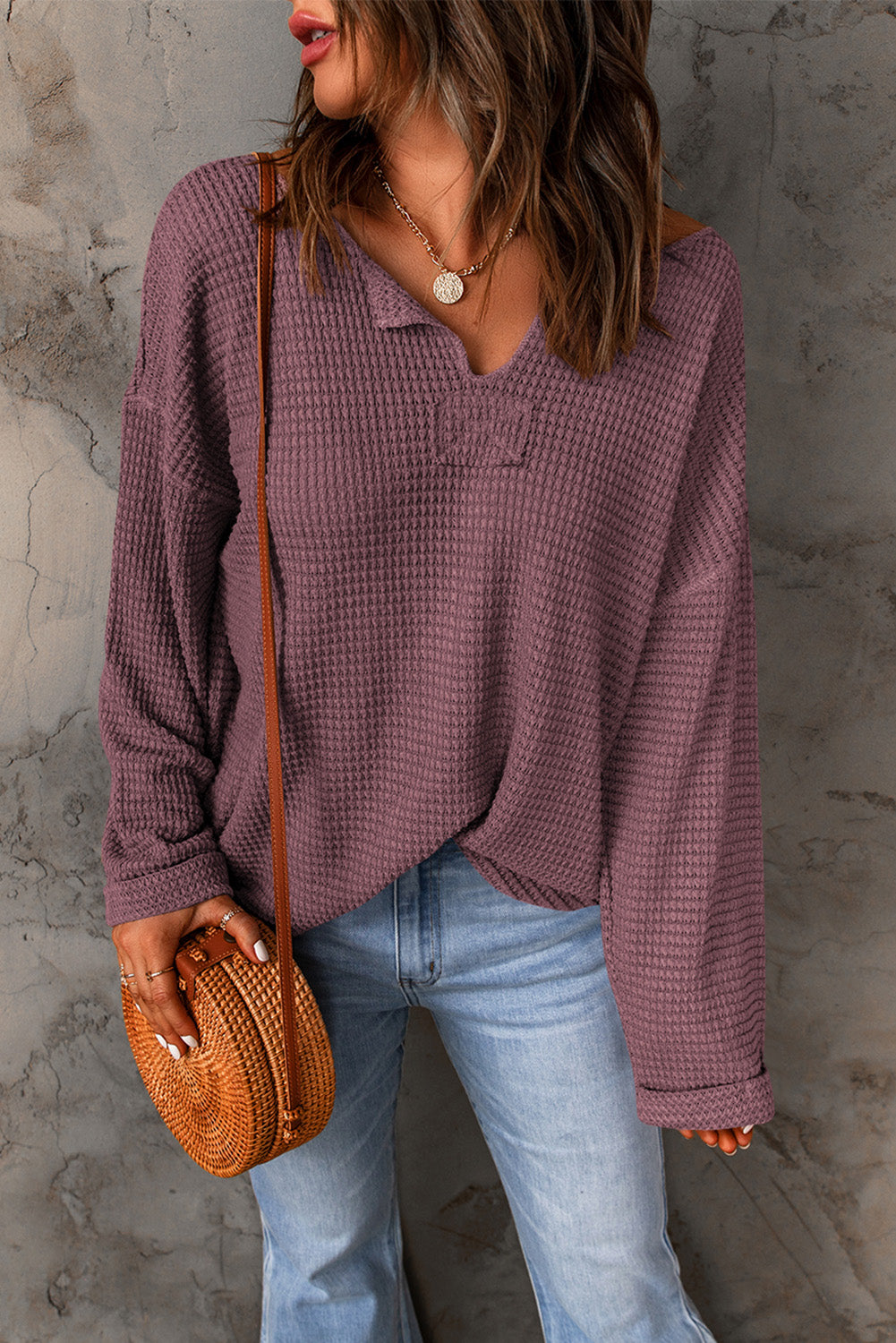 Split V Neck Drop Shoulder Waffle Knit Long Sleeve Top - ThingsWeUseAndLove 