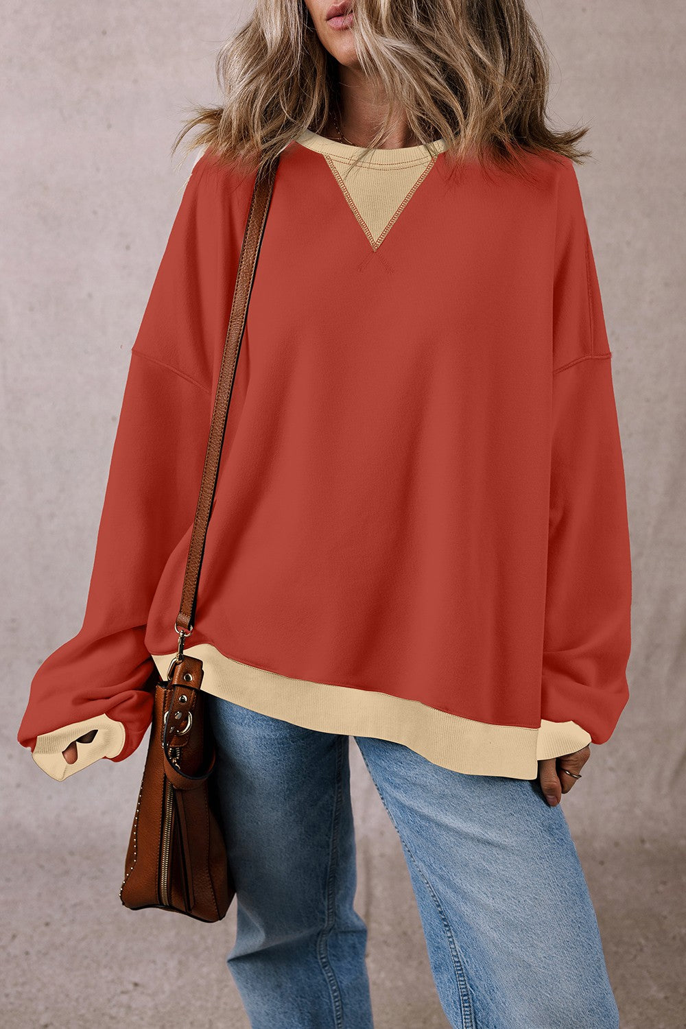 Alena Contrast Round Neck Long Sleeve Sweatshirt - ThingsWeUseAndLove 