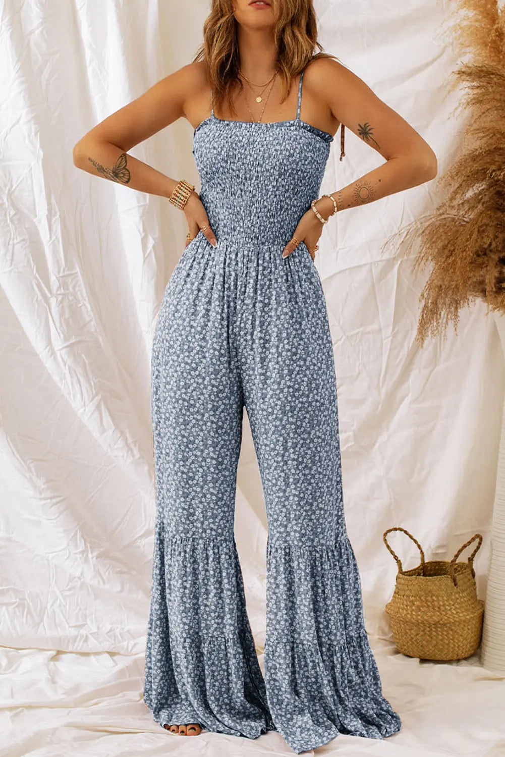 Smocked Printed Wide Strap Jumpsuit - ThingsWeUseAndLove Dark-Blue-XL