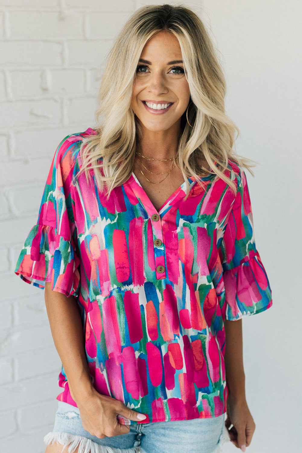 Rose Abstract Brushwork Print Buttoned V Neck Blouse - ThingsWeUseAndLove 