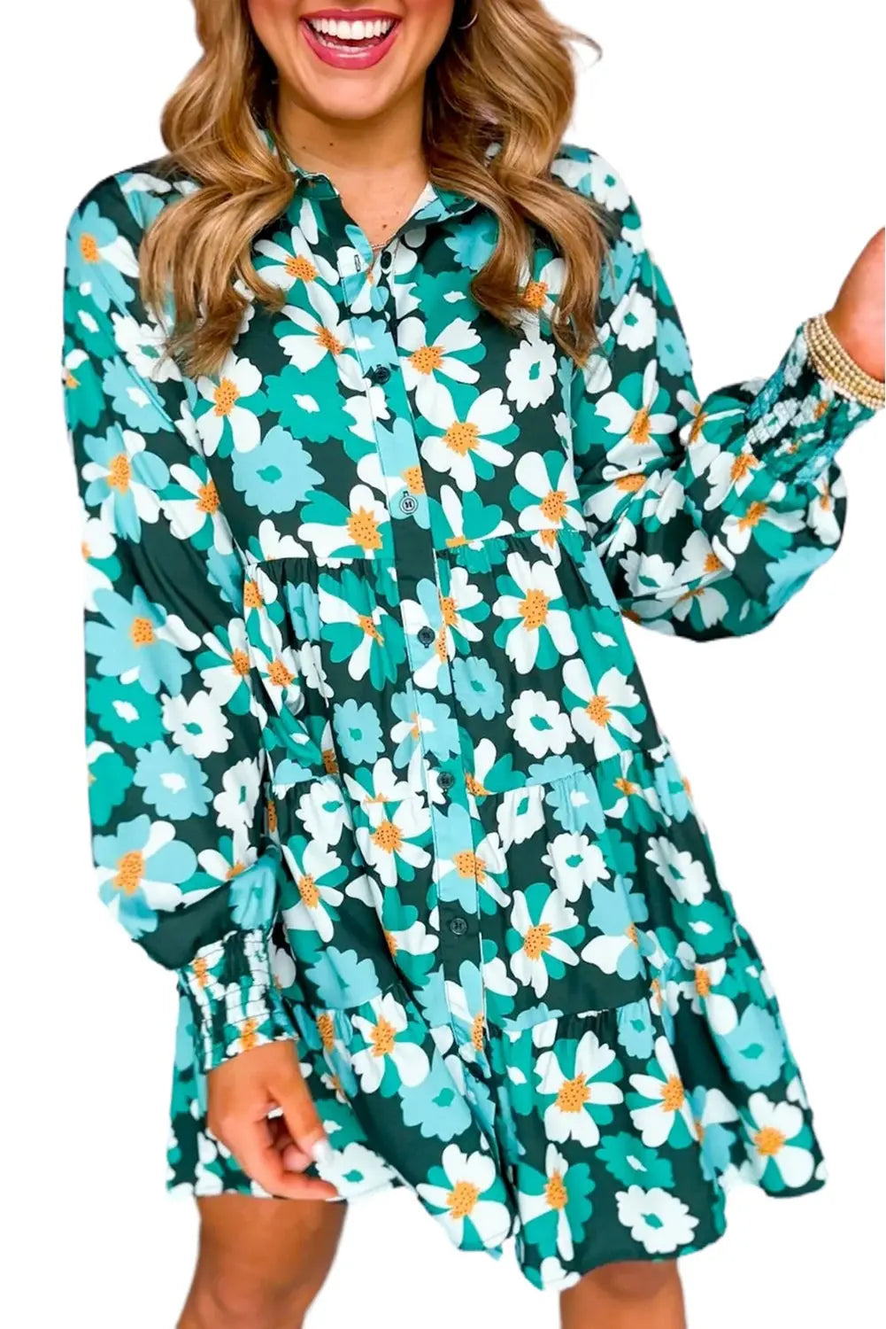 Blackish Green Flower Print Smocked Cuffs Tiered Mini Dress - ThingsWeUseAndLove 