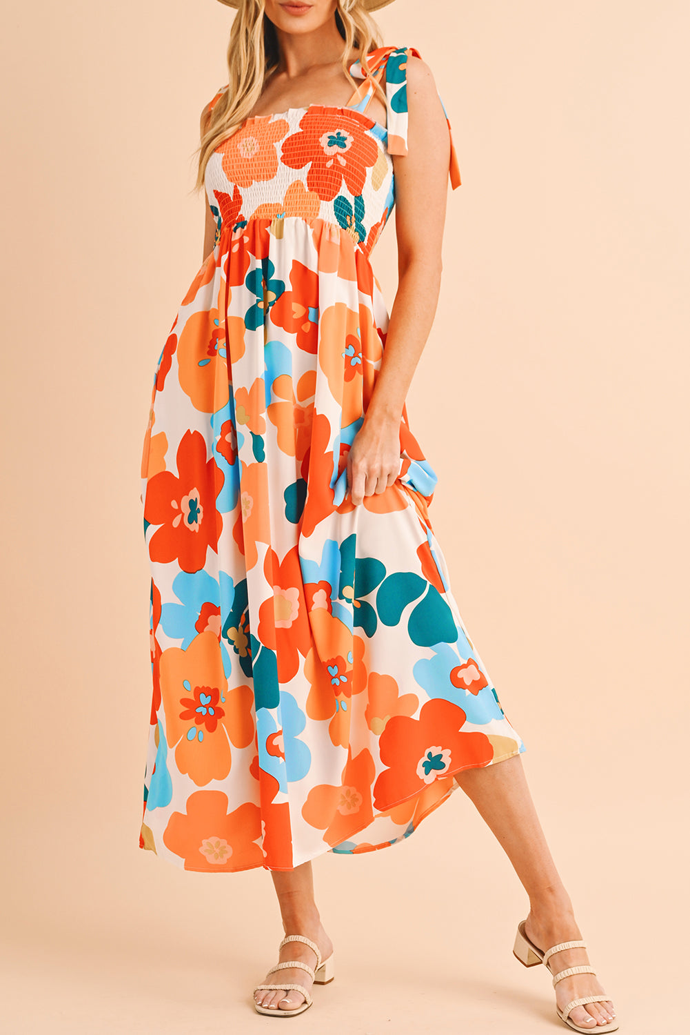 Orange 60s Floral Printed Shoulder Tie Smocked Maxi Dress - ThingsWeUseAndLove Orange-XL