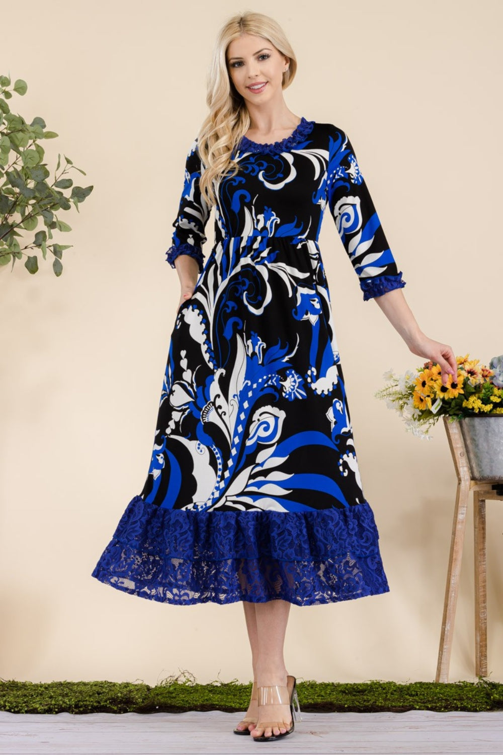 Paisley Print Lace Ruffled Midi Dress - ThingsWeUseAndLove 