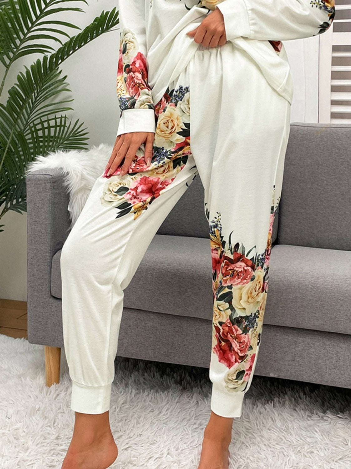 Rose Printed Round Neck Top and Pants Lounge Set - ThingsWeUseAndLove 